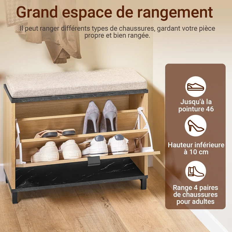 SoBuy FSR201-N Banc d’entrée avec assise rembourrée et rangement chaussures 24 cm – Abattant jusqu’au 47, style industriel noir et bois