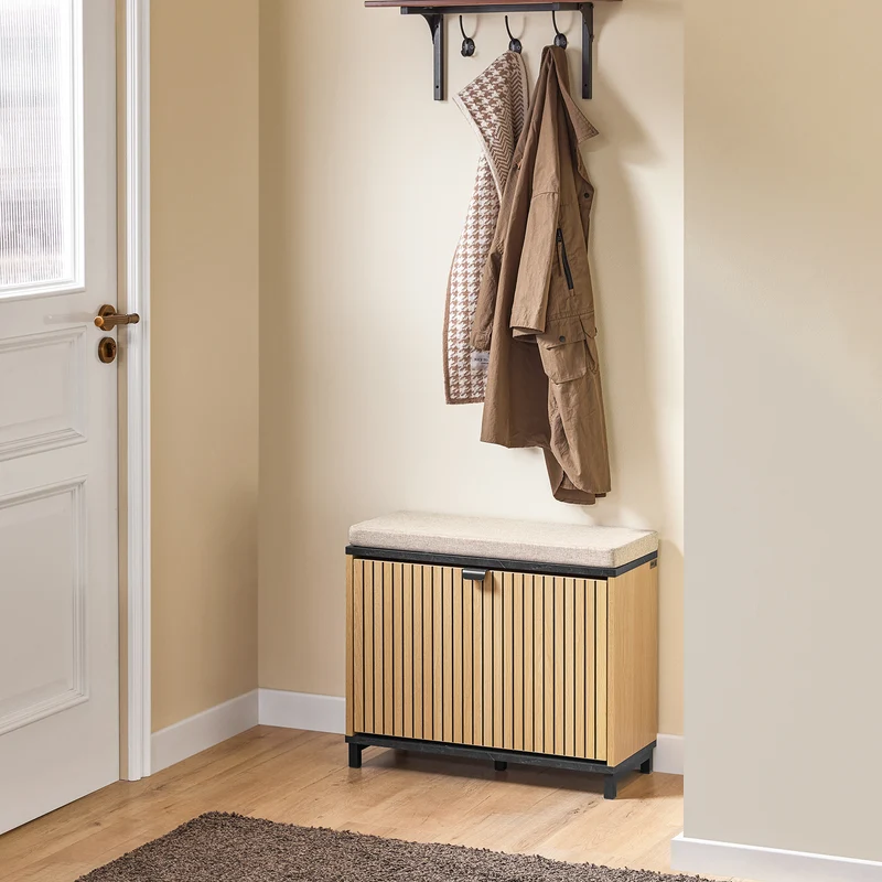 SoBuy FSR201-N Banc d’entrée avec assise rembourrée et rangement chaussures 24 cm – Abattant jusqu’au 47, style industriel noir et bois