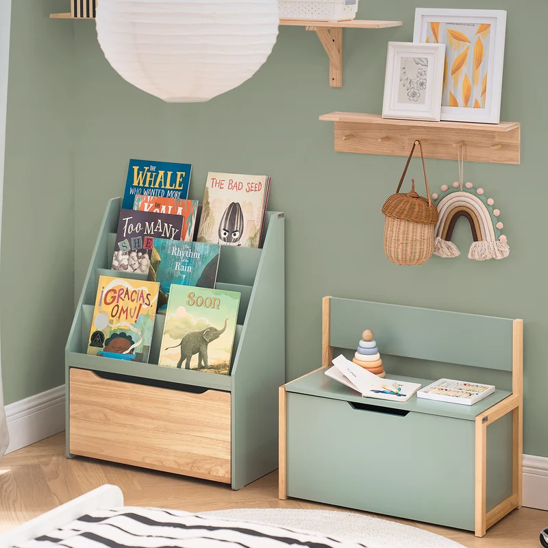 SoBuy KMB94-GR Banc Coffre à Jouet pour Enfants, Coffre de Rangement 2 en 1, Banc de Rangement avec Dossier pour Enfant