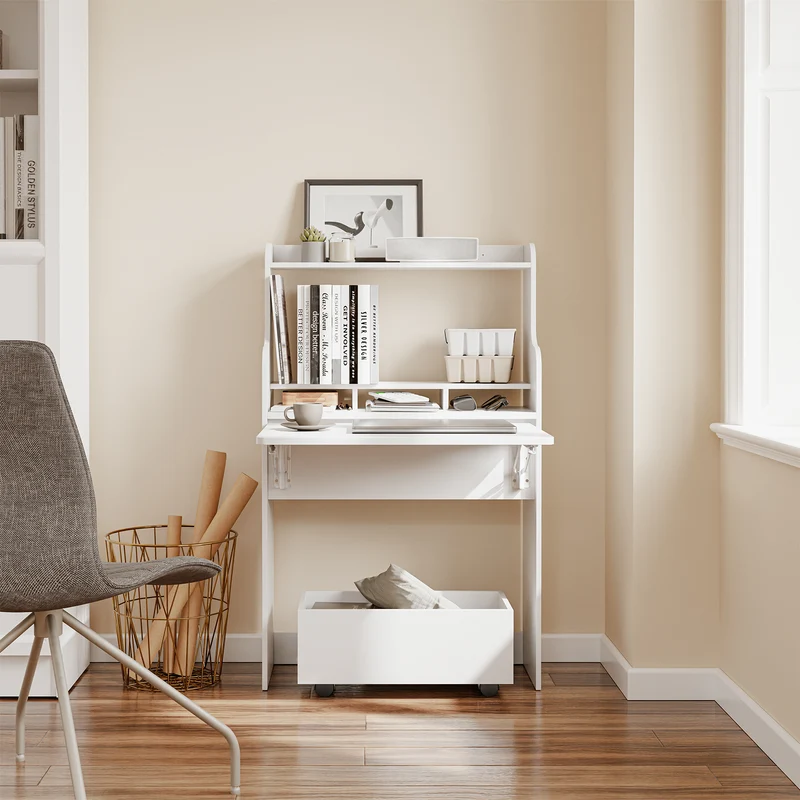 SoBuy FWT105-II-W Bureau Rabattable Ultra-fin 25 cm avec Étagères et Boîte Coulissante à Roulettes – Blanc, 64×25×100,6 cm