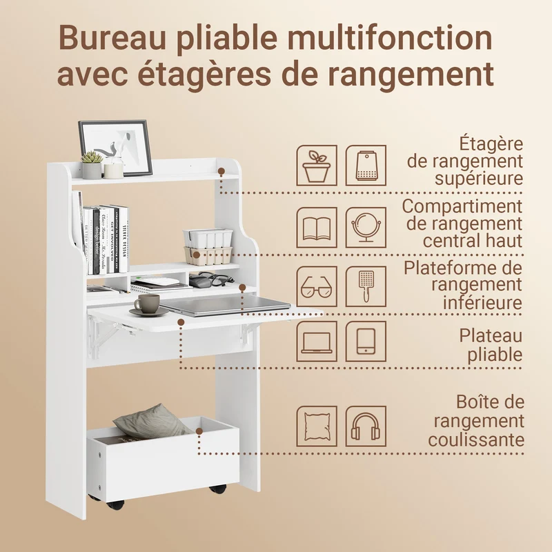 SoBuy FWT105-II-W Bureau Rabattable Ultra-fin 25 cm avec Étagères et Boîte Coulissante à Roulettes – Blanc, 64×25×100,6 cm