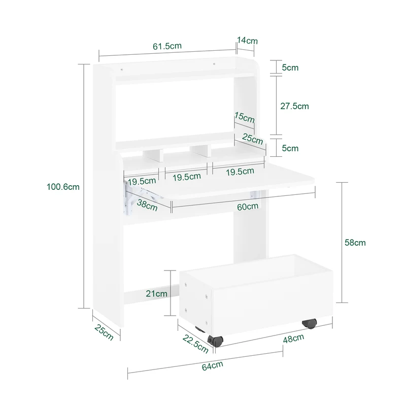 SoBuy FWT105-II-W Bureau Rabattable Ultra-fin 25 cm avec Étagères et Boîte Coulissante à Roulettes – Blanc, 64×25×100,6 cm