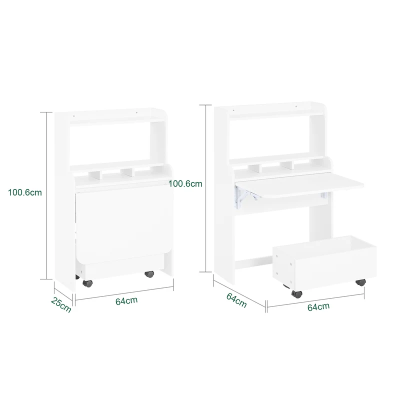 SoBuy FWT105-II-W Bureau Rabattable Ultra-fin 25 cm avec Étagères et Boîte Coulissante à Roulettes – Blanc, 64×25×100,6 cm