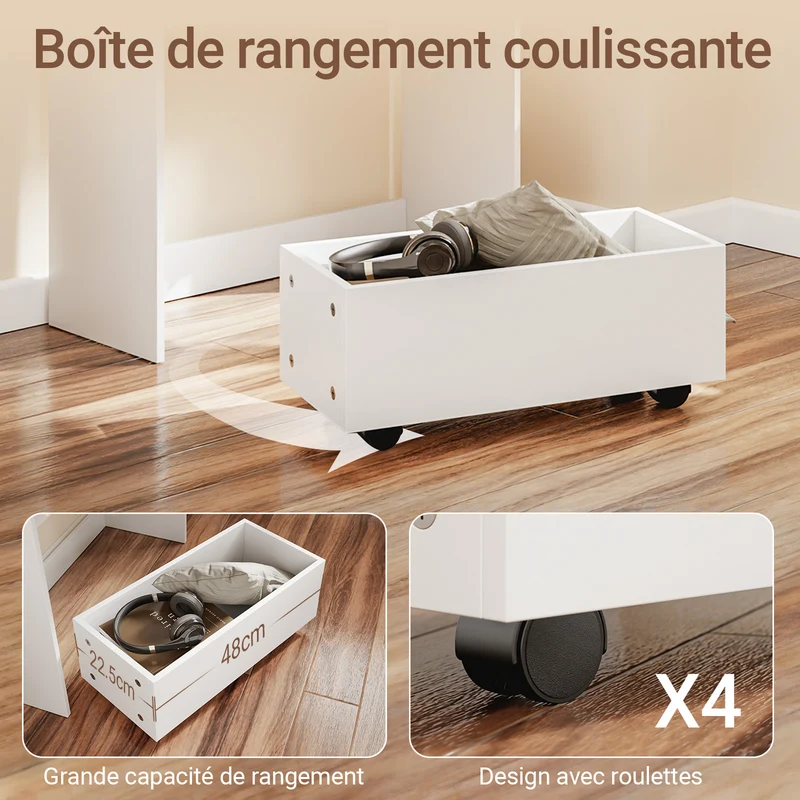 SoBuy FWT105-II-W Bureau Rabattable Ultra-fin 25 cm avec Étagères et Boîte Coulissante à Roulettes – Blanc, 64×25×100,6 cm