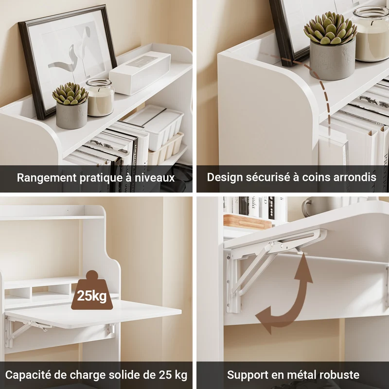 SoBuy FWT105-II-W Bureau Rabattable Ultra-fin 25 cm avec Étagères et Boîte Coulissante à Roulettes – Blanc, 64×25×100,6 cm