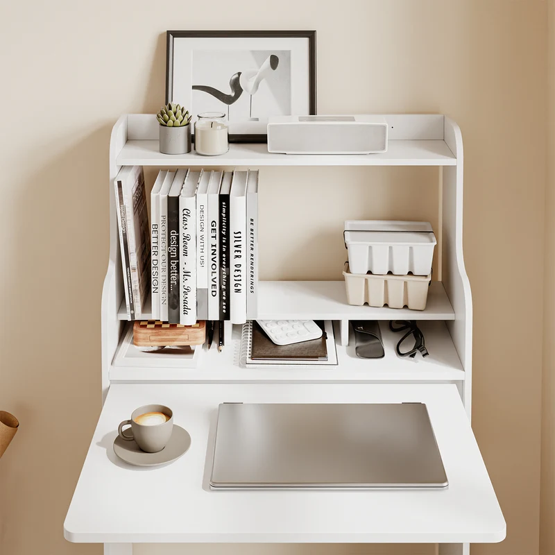 SoBuy FWT105-II-W Bureau Rabattable Ultra-fin 25 cm avec Étagères et Boîte Coulissante à Roulettes – Blanc, 64×25×100,6 cm