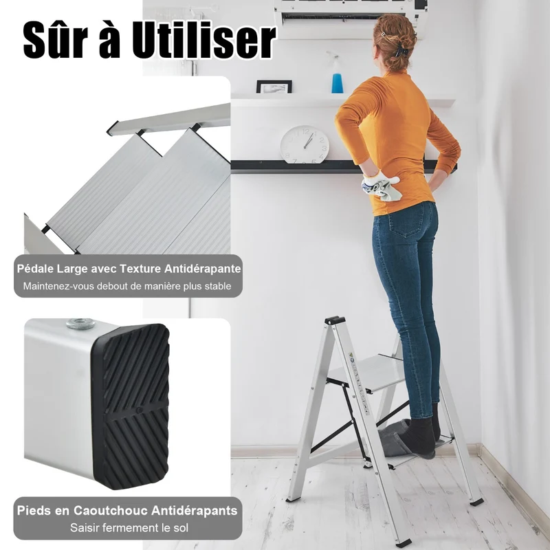 Costway - Escabeau, Escabeau Pliable, Marchepied Pliable 2 Marches, Aluminium, Plateforme Large Marche Antidérapante Pieds en Caoutchouc Charge 150KG