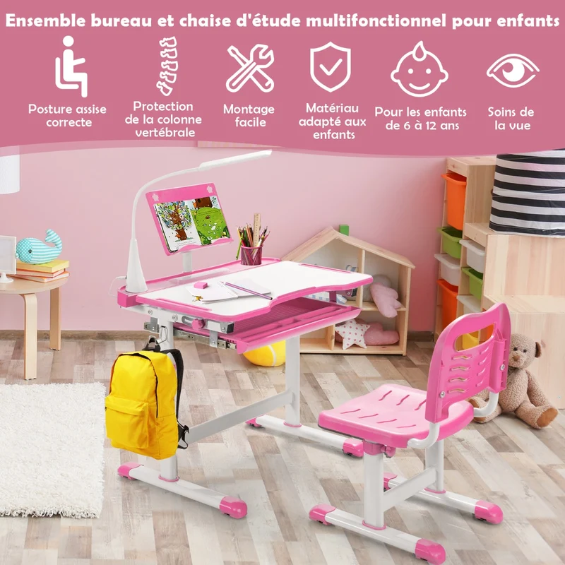 Costway - Bureau Enfant, Chaise Enfant, Table et Chaise Enfant, Bureau Enfant primaire avec Éclairage LED Plateau Incliné, Réglable en Hauteur, Rose