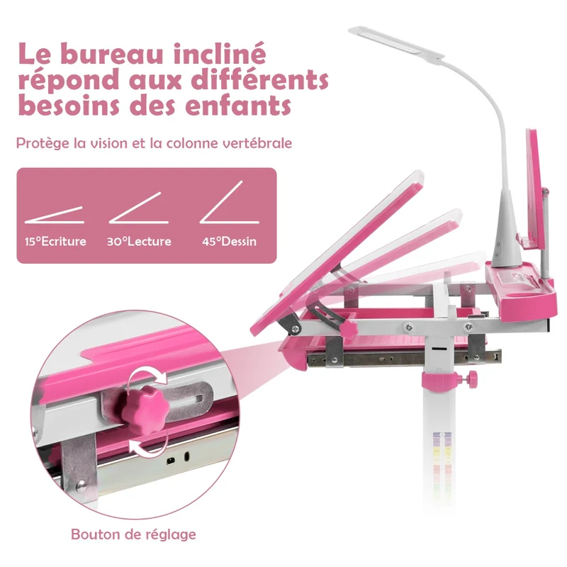 Costway - Bureau Enfant, Chaise Enfant, Table et Chaise Enfant, Bureau Enfant primaire avec Éclairage LED Plateau Incliné, Réglable en Hauteur, Rose