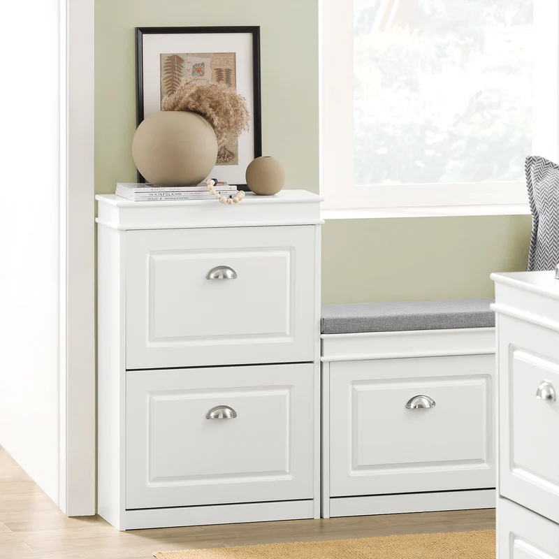 SoBuy Lot FSR64-W + FSR78-W – Ensemble Meubles à Chaussures Blanc, Banc avec Coussin + Meuble 2 Abattants, Rangement Entrée Étroit, Set 2 Pièces
