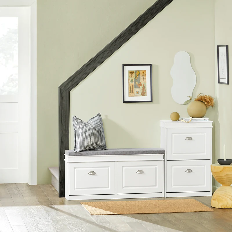SoBuy Lot FSR64-W + FSR78-W – Ensemble Meubles à Chaussures Blanc, Banc avec Coussin + Meuble 2 Abattants, Rangement Entrée Étroit, Set 2 Pièces