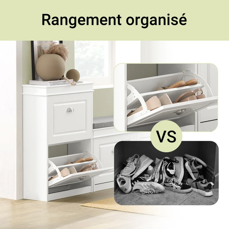 SoBuy Lot FSR64-W + FSR78-W – Ensemble Meubles à Chaussures Blanc, Banc avec Coussin + Meuble 2 Abattants, Rangement Entrée Étroit, Set 2 Pièces