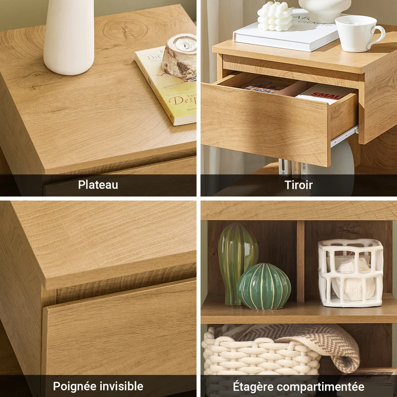 SoBuy FBT49-Nx2 Lot de 2 Table de Chevet - Table de Nuit avec 1 tiroir et 2 étagères, Table d'appoint pour Chambre à Coucher - Meuble de Rangement Moderne L39 x P39 x H65 cm Naturel