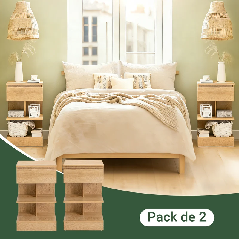 SoBuy FBT49-Nx2 Lot de 2 Table de Chevet - Table de Nuit avec 1 tiroir et 2 étagères, Table d'appoint pour Chambre à Coucher - Meuble de Rangement Moderne L39 x P39 x H65 cm Naturel