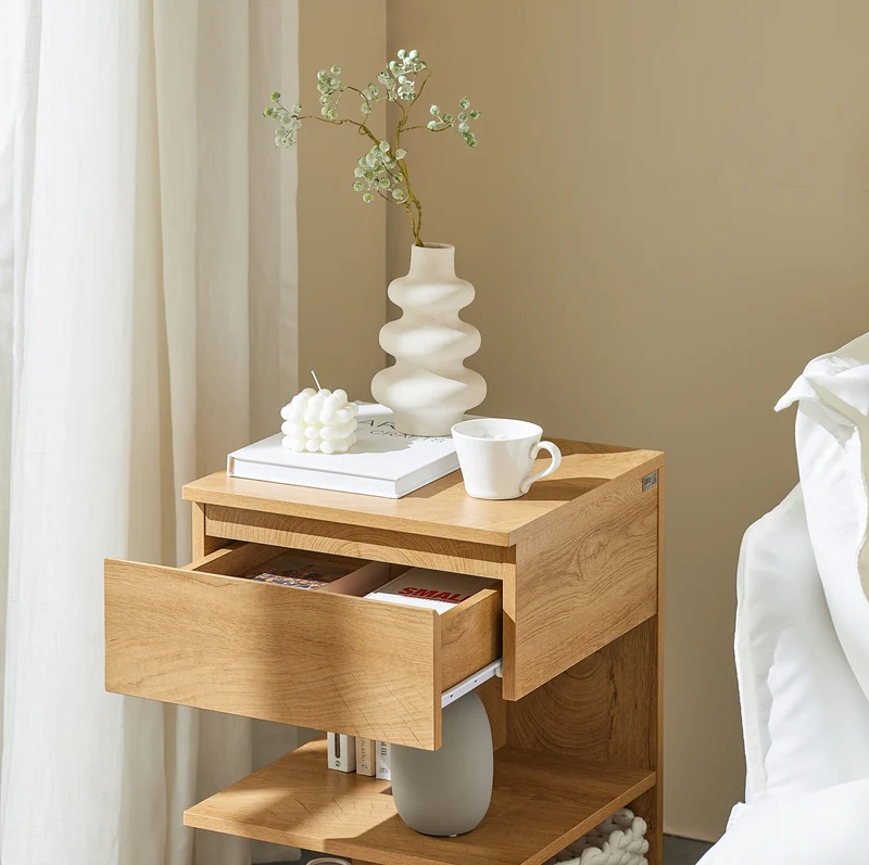 SoBuy FBT49-Nx2 Lot de 2 Table de Chevet - Table de Nuit avec 1 tiroir et 2 étagères, Table d'appoint pour Chambre à Coucher - Meuble de Rangement Moderne L39 x P39 x H65 cm Naturel