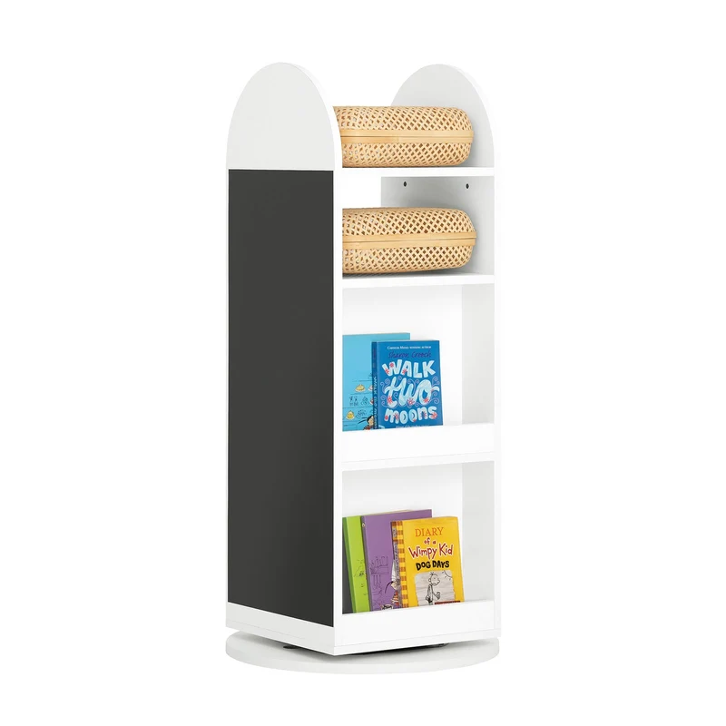 SoBuy KMB64-W Étagère Enfant, Étagère à Livres, Bibliothèque Rotative à 360, Étagère de Rangement avec Tableau Noir