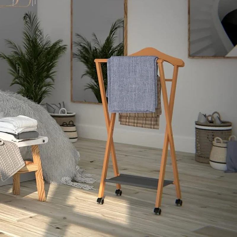 ARIT - Valet de Nuit NELSON, Valet de Chambre Bois, Pliable, Composée Cintre, Porte-Pantalon et Tablette à Chaussures en Textilène - Couleur Cerise