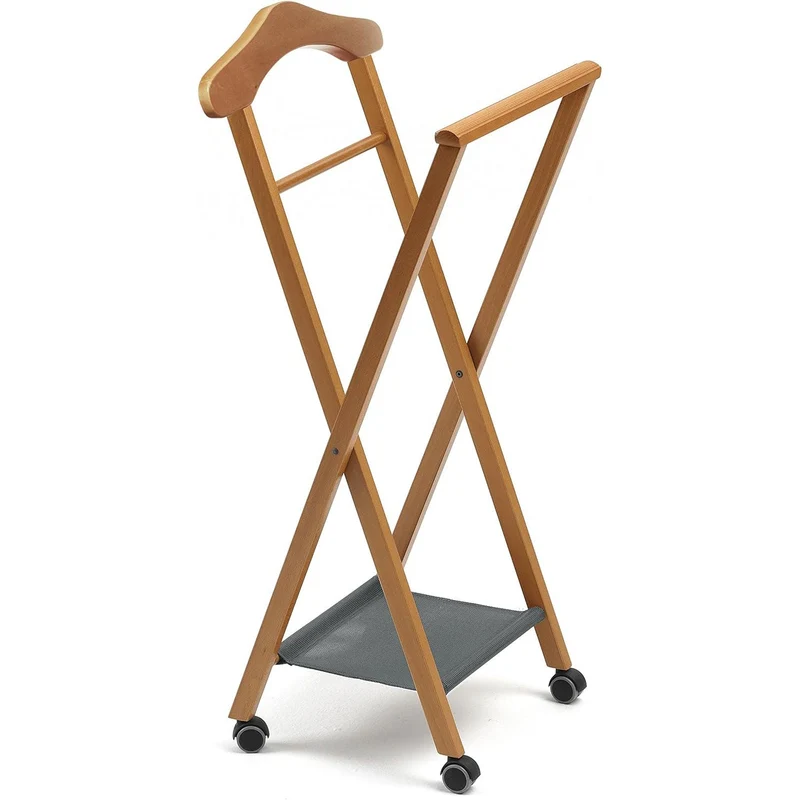 ARIT - Valet de Nuit NELSON, Valet de Chambre Bois, Pliable, Composée Cintre, Porte-Pantalon et Tablette à Chaussures en Textilène - Couleur Cerise
