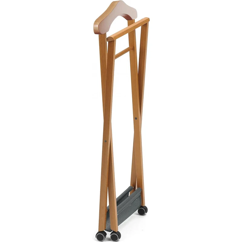 ARIT - Valet de Nuit NELSON, Valet de Chambre Bois, Pliable, Composée Cintre, Porte-Pantalon et Tablette à Chaussures en Textilène - Couleur Cerise