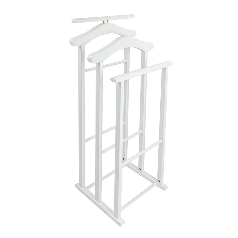 ARIT MAXI - Chevalet Vetement, Valet de Chambre Bois, composé de 2 cintres et de 2 porte-pantalons, pieds en caoutchouc à la base, Couleur Blanc