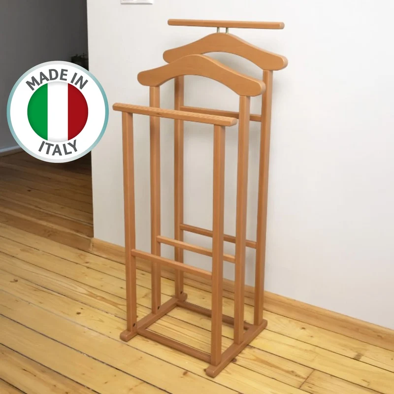 ARIT Maxi – Valet de chambre en hêtre, 2 cintres, 2 porte-pantalons, couleur merisier, fabriqué en Italie