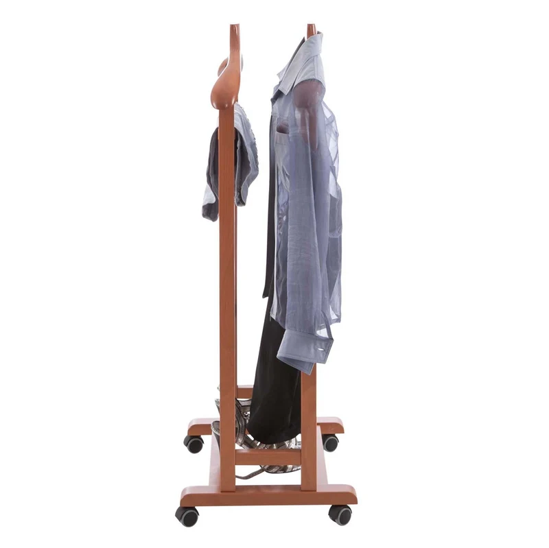 ARIT MIXER - Chevalet Vetement, Valet de Chambre Bois, Composé de 2 Cintres, Porte-Pantalon, Tablette de Rangement et Porte-Jupes, Couleur Cerise