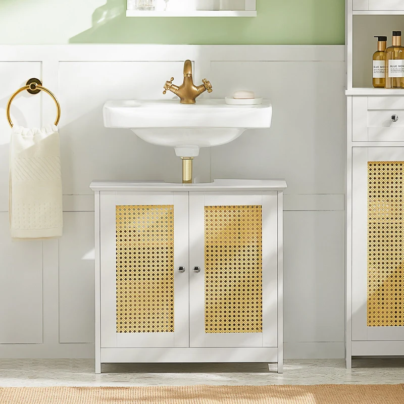 SoBuy BZR72-W Meuble sous-Lavabo, Meuble sous-Vasque à 2 étages réglable et 2 Portes en Ploy Rotin, Placard de Rangement