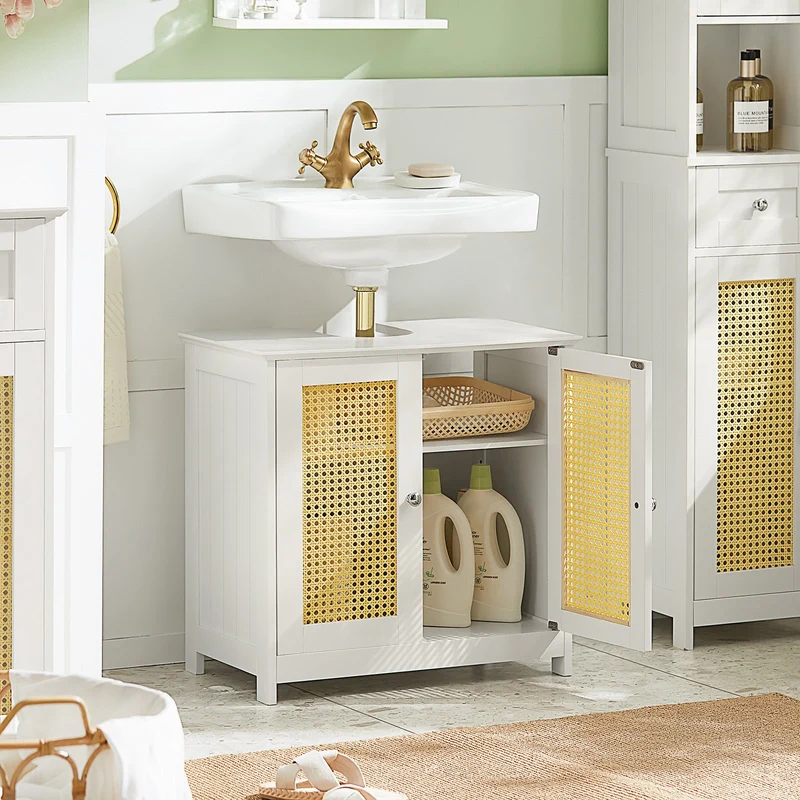 SoBuy BZR72-W Meuble sous-Lavabo, Meuble sous-Vasque à 2 étages réglable et 2 Portes en Ploy Rotin, Placard de Rangement
