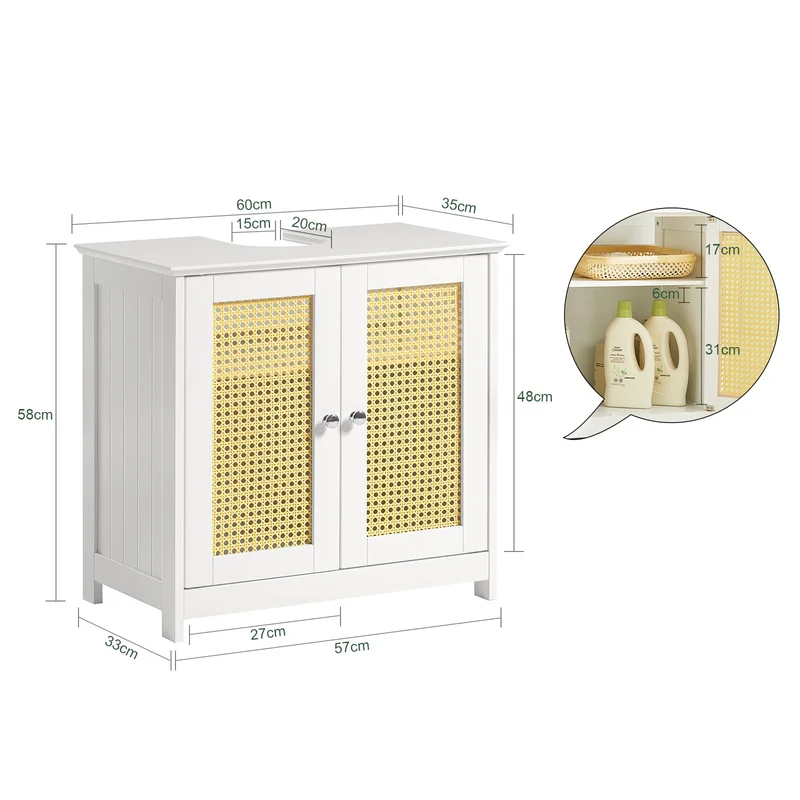 SoBuy BZR72-W Meuble sous-Lavabo, Meuble sous-Vasque à 2 étages réglable et 2 Portes en Ploy Rotin, Placard de Rangement