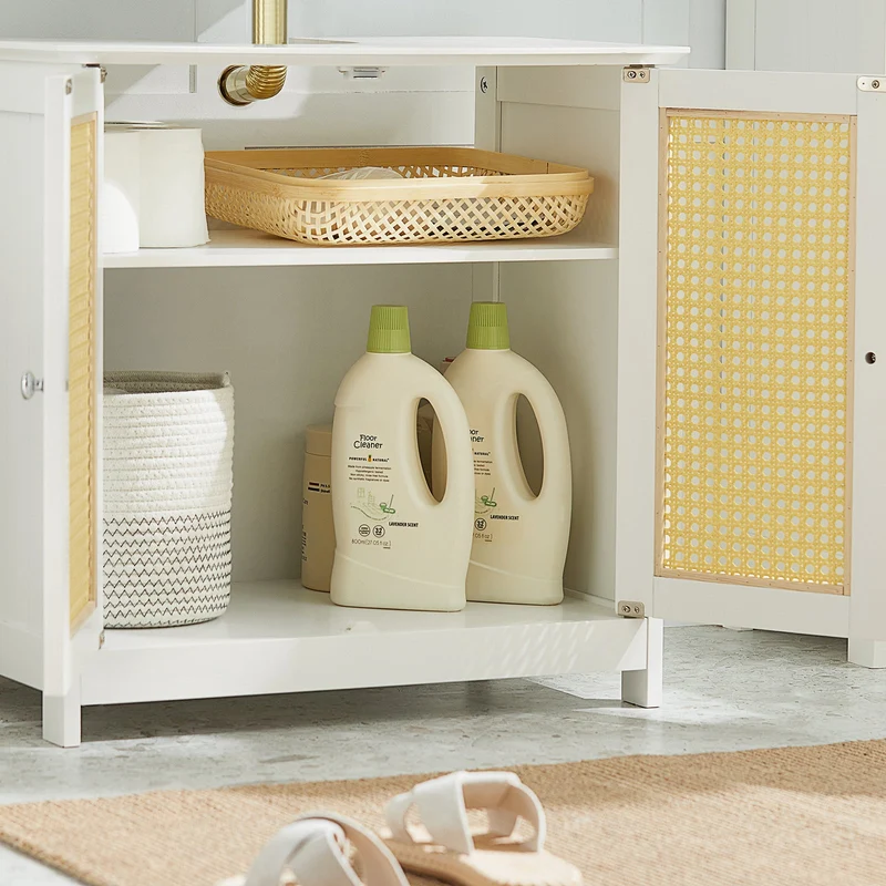 SoBuy BZR72-W Meuble sous-Lavabo, Meuble sous-Vasque à 2 étages réglable et 2 Portes en Ploy Rotin, Placard de Rangement