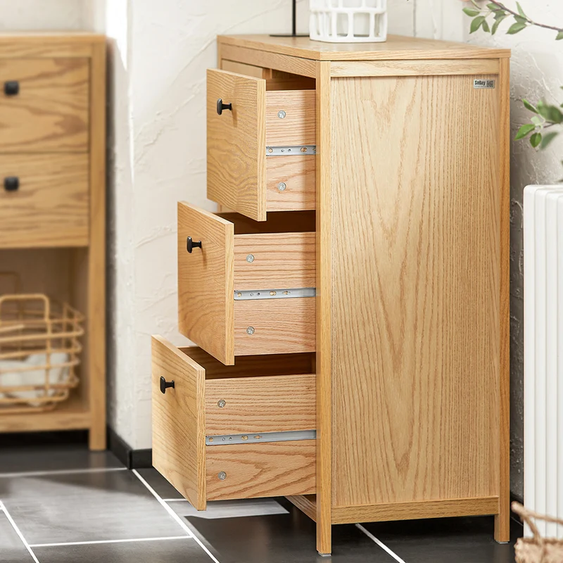 SoBuy BZR97-N Armoire à Linge avec Sac à Linge, Meuble Bas, Commode, Armoire Toilette avec 3 Tiroirs et 1 Panier à Linge