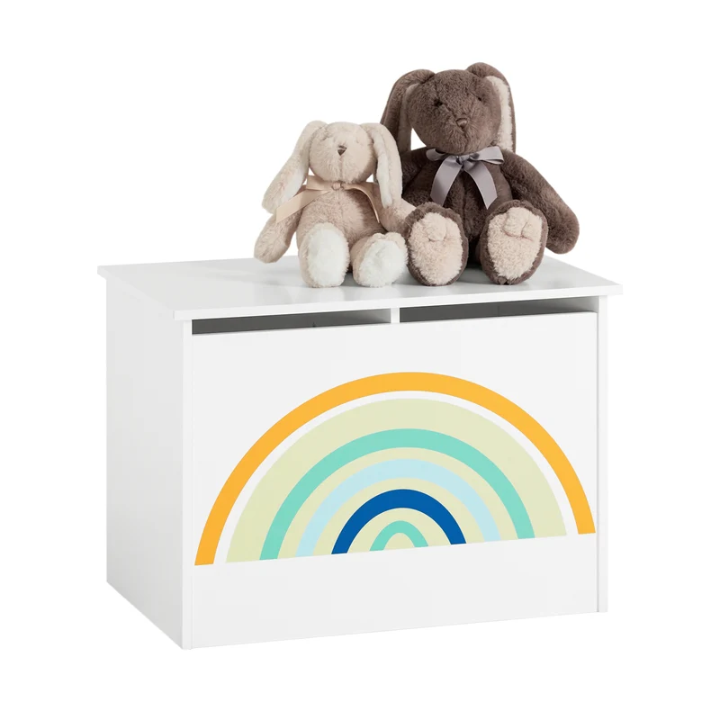 SoBuy KMB70-W Coffre à Jouets pour Enfants, Boîte à Jouets, coffre de Rangement avec Couvercle Rabattable, Motif arc-en-ciel