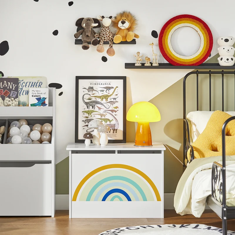 SoBuy KMB70-W Coffre à Jouets pour Enfants, Boîte à Jouets, coffre de Rangement avec Couvercle Rabattable, Motif arc-en-ciel