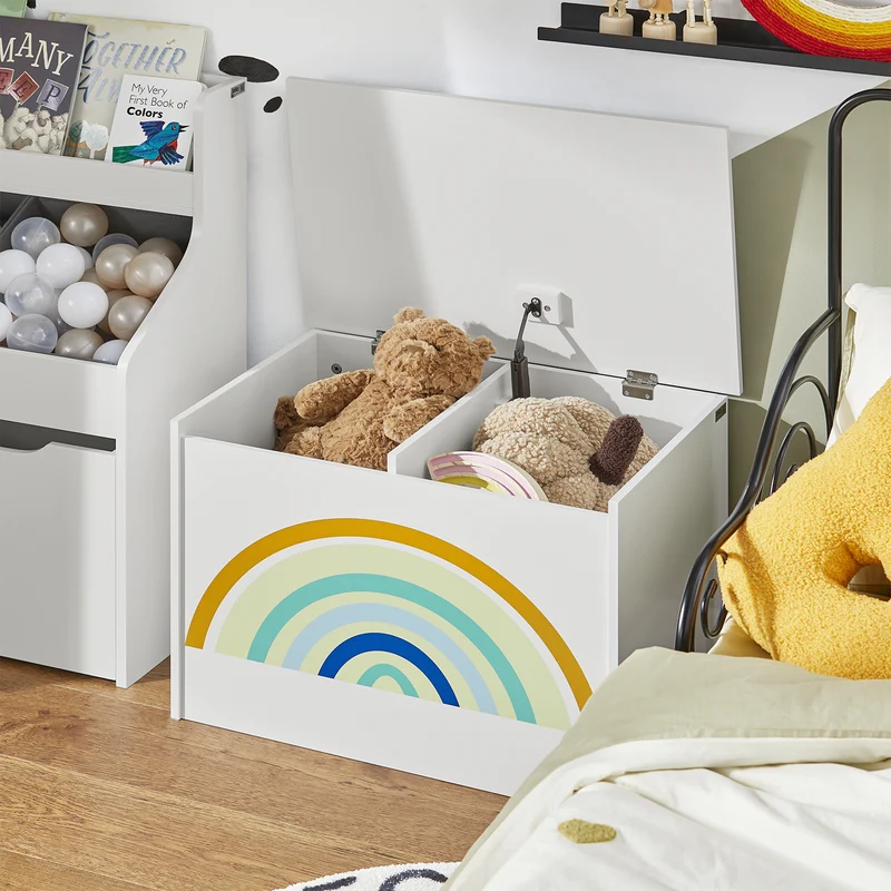 SoBuy KMB70-W Coffre à Jouets pour Enfants, Boîte à Jouets, coffre de Rangement avec Couvercle Rabattable, Motif arc-en-ciel