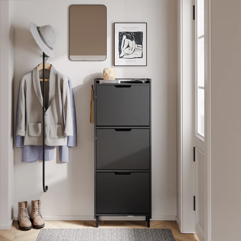 SoBuy FSR151-H-E-SCH Armoire à Chaussures Ultra-Slim 19 cm – 3 Abattants, Noir Mat avec LED