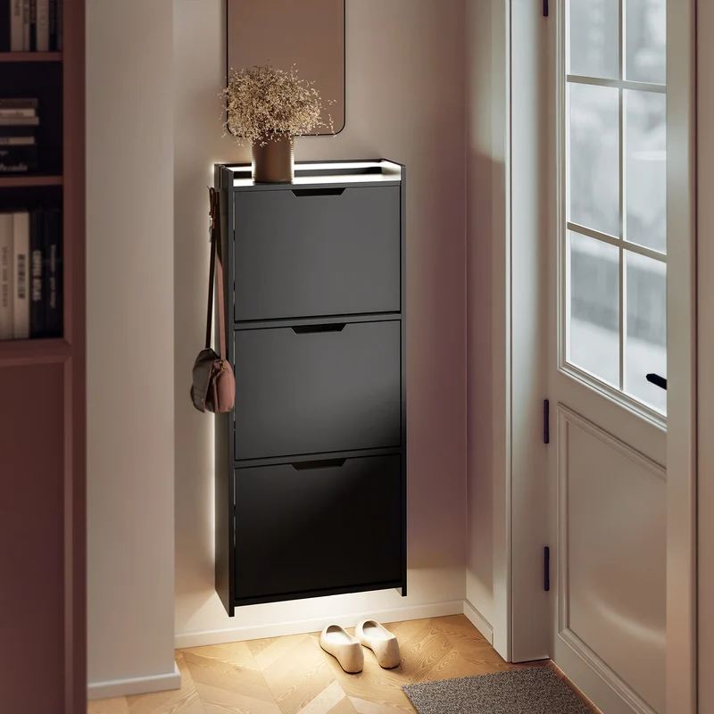 SoBuy FSR151-H-E-SCH Armoire à Chaussures Ultra-Slim 19 cm – 3 Abattants, Noir Mat avec LED