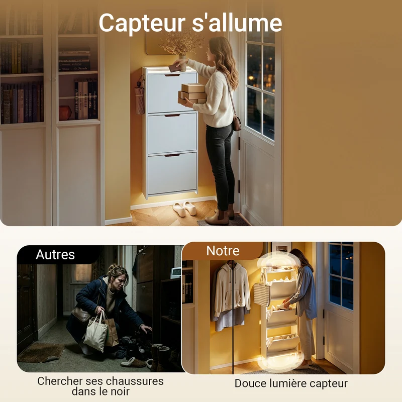 SoBuy FSR151-H-E-W Armoire à Chaussures Ultra-Slim 19 cm – 3 Abattants – Entrée Gain de Place – Blanc avec LED