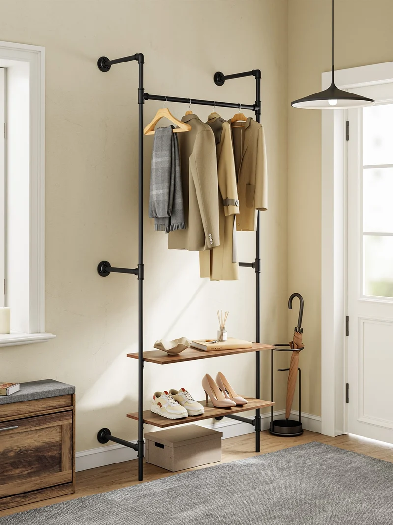 SoBuy KLS20-SCH Portant à Vêtements Mural Compact avec 2 Étagères MDF – Dressing Mural, Charge 45 kg, Noir Industriel 91,5×48×220 cm