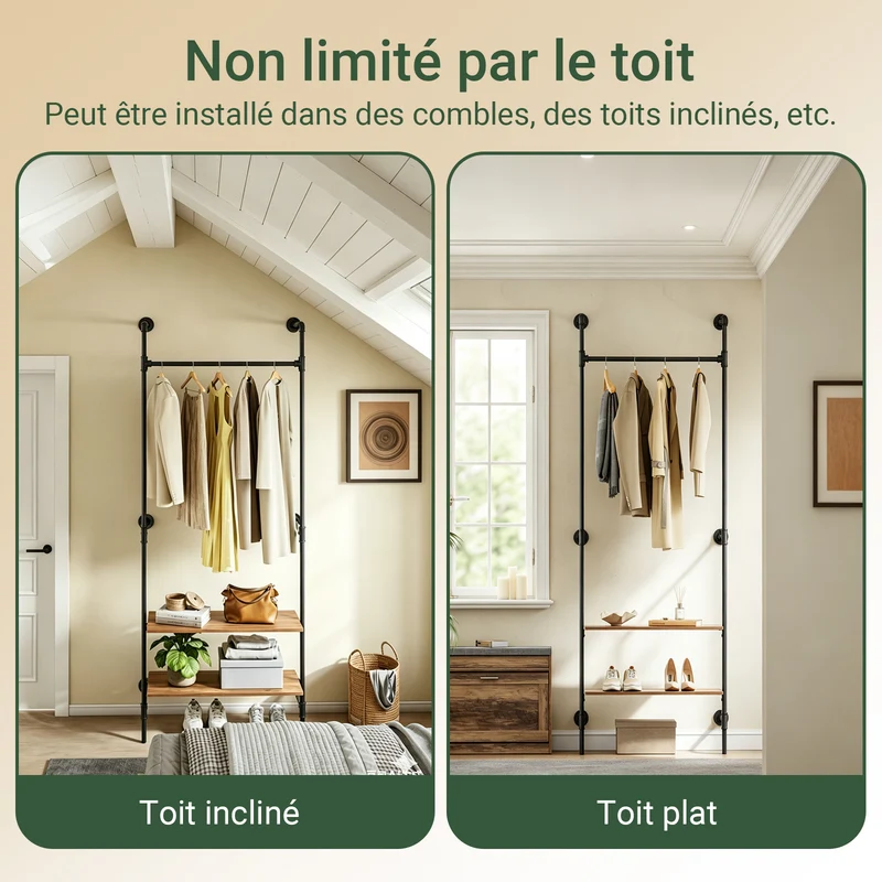 SoBuy KLS20-SCH Portant à Vêtements Mural Compact avec 2 Étagères MDF – Dressing Mural, Charge 45 kg, Noir Industriel 91,5×48×220 cm