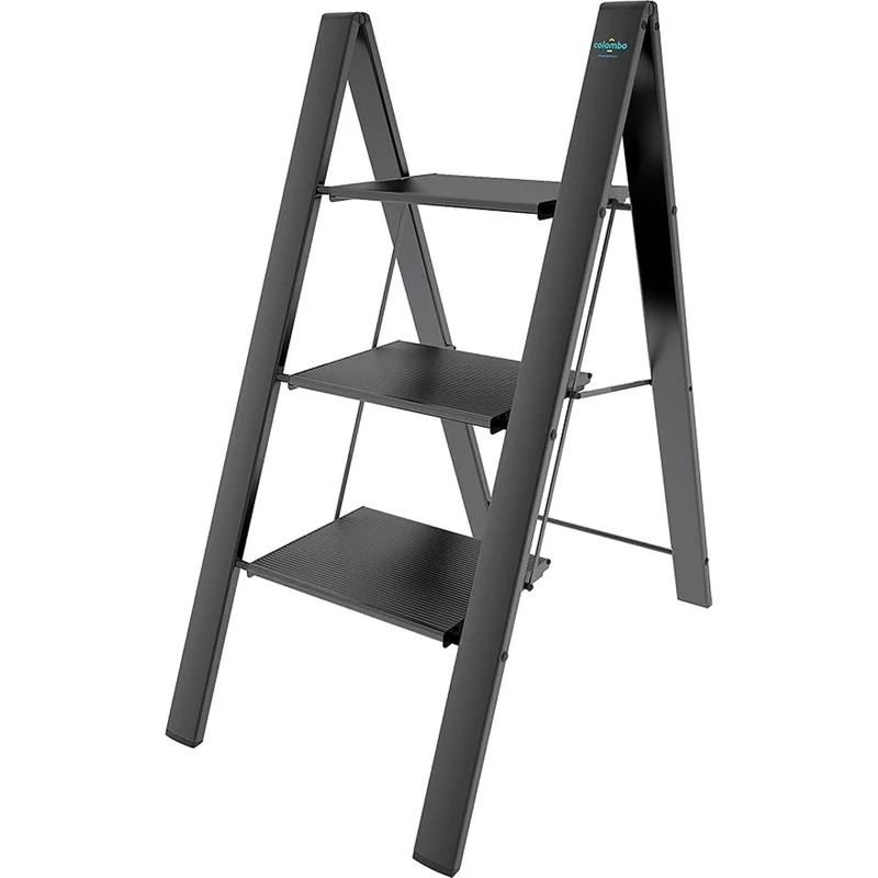 Colombo Leonardo 3 – Escabeau pliable 3 marches antidérapantes, aluminium noir, jusqu’à 150 kg