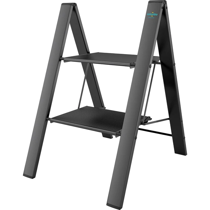 Colombo Leonardo 2 – Escabeau pliable 2 marches antidérapantes en aluminium, jusqu’à 150 kg, noir