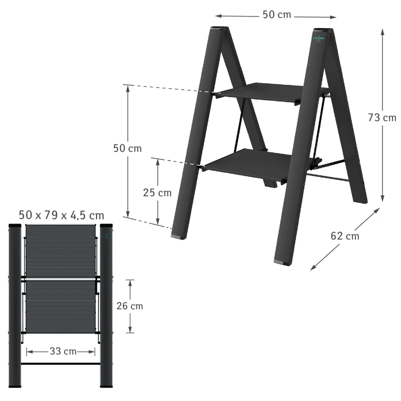 Colombo Leonardo 2 – Escabeau pliable 2 marches antidérapantes en aluminium, jusqu’à 150 kg, noir