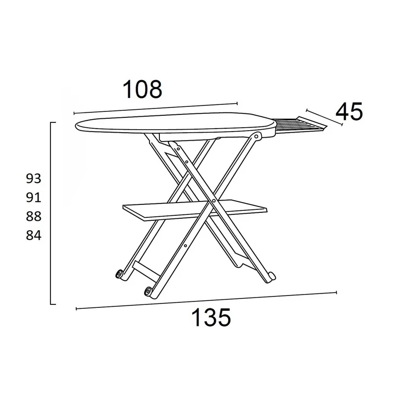 ARIT Stirocomodo – Planche à repasser en hêtre blanc, hauteur réglable de 84 à 93 cm, roulettes et repose-fer coulissant
