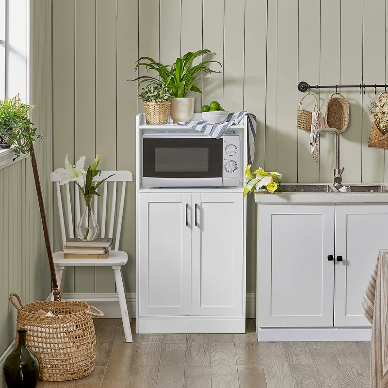SoBuy FSB47-W Buffet Meuble de Rangement Micro-Ondes Commode Armoire à Micro-Ondes Placard 2 Portes, 1 Compartiment Ouvert avec Passe-câble, 60x40x120cm, Blanc