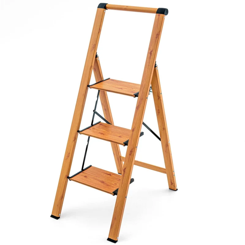 Tatkraft Up – Escabeau pliable 3 marches antidérapantes, jusqu’à 150 kg, aluminium, aspect bois scandinave