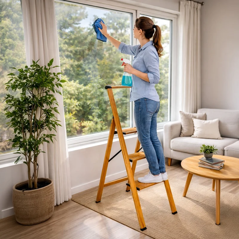 Tatkraft Up – Escabeau pliable 3 marches antidérapantes, jusqu’à 150 kg, aluminium, aspect bois scandinave