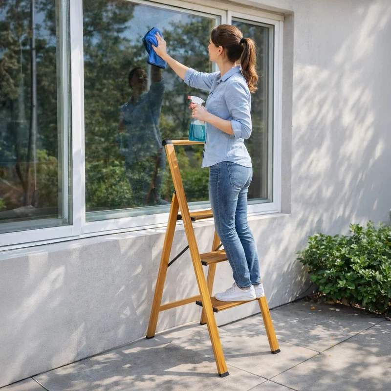 Tatkraft Up – Escabeau pliable 3 marches antidérapantes, jusqu’à 150 kg, aluminium, aspect bois scandinave