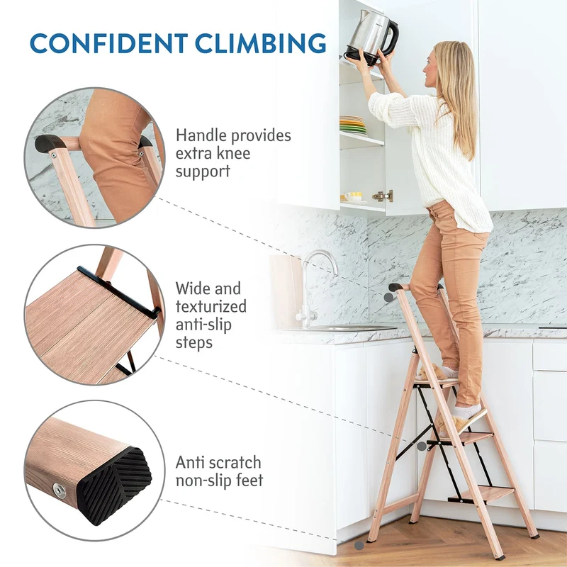 Tatkraft Up - Escabeau Pliable en Aluminium Ultra Léger à 3 Marches, Antidérapant avec Garde-Corps, Capacité de 150 kg
