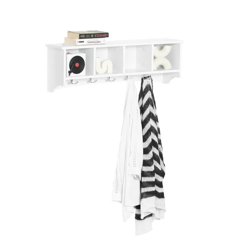 SoBuy FRG48-L-W Portemanteau Étagère Murale Porte-Manteau Salle de Bain Meuble d’Entrée avec 4 Compartiments de Rangement Et 5 Crochets Blanc