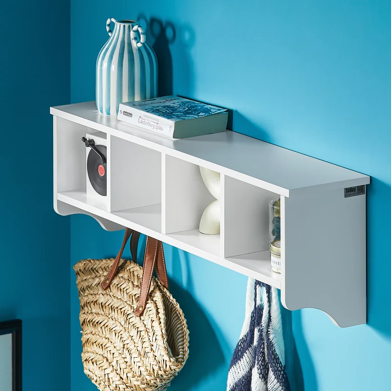 SoBuy FRG48-L-W Portemanteau Étagère Murale Porte-Manteau Salle de Bain Meuble d’Entrée avec 4 Compartiments de Rangement Et 5 Crochets Blanc